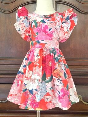Cara Cara Girls 4 Floral Dress Pink Coral Flutter Sleeve Open Back Resort